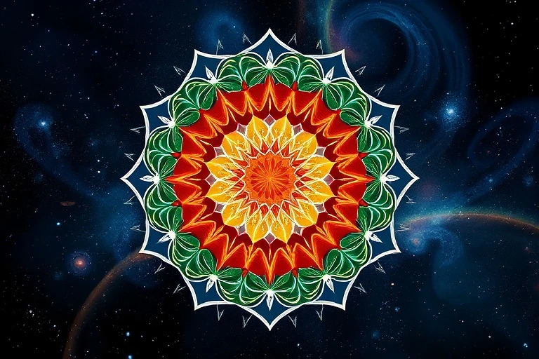 Mandala digital 3D compuesto por representaciones abstractas de los cinco elementos chinos interconectados y radiantes, con un fondo cósmico.