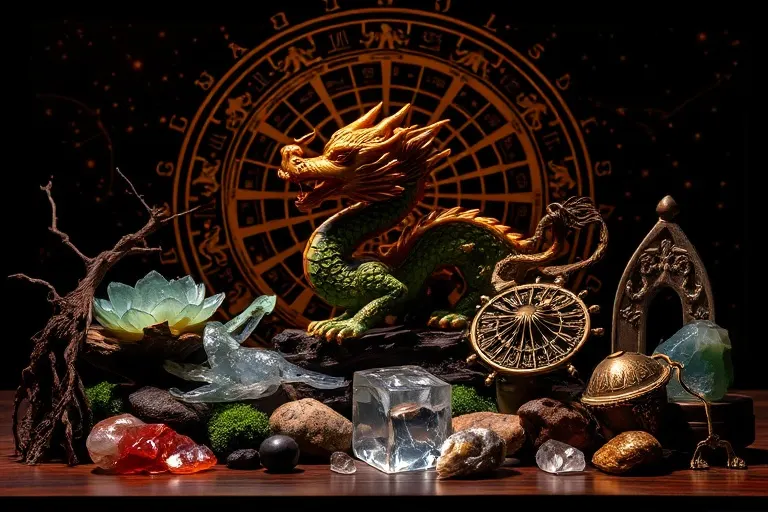 Colección de artefactos antiguos de jade y bronce, con una figura de dragón de madera central, rodeada de objetos naturales que simbolizan los cinco elementos, bajo una iluminación dramática.