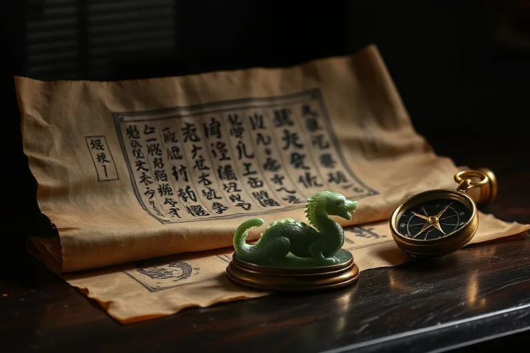 Fotografía de bodegón de un pergamino antiguo con símbolos chinos, una figura de dragón de jade y una brújula sobre una mesa de madera oscura.