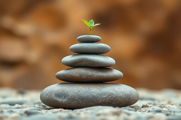 Arte conceptual de piedras de río apiladas en una pirámide estable con un brote verde emergiendo de la base, fondo terroso borroso.
