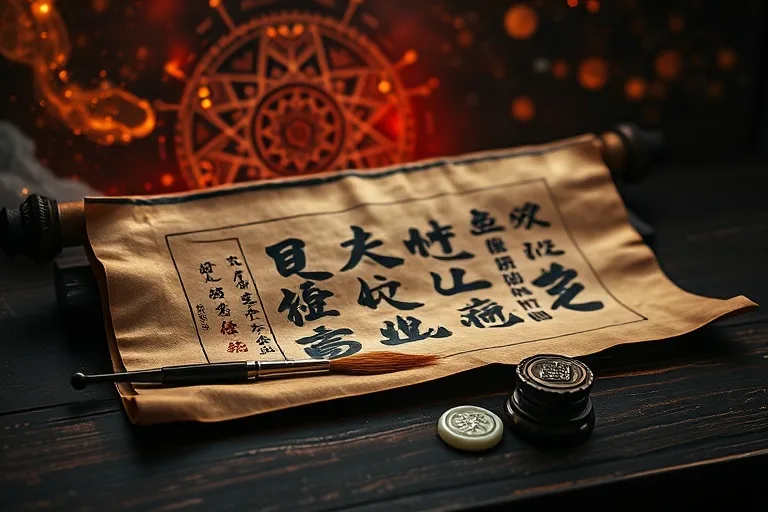 Bodegón de un pergamino chino antiguo y desgastado con caligrafía, junto a un pincel de tinta y un sello de jade, sobre una mesa de madera oscura, con iluminación dramática.