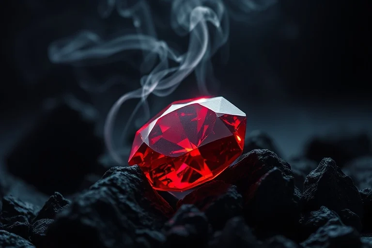 Bodegón cinematográfico de un rubí rojo intenso, brillante con fuego interno, sobre rocas volcánicas oscuras, con volutas de humo etéreo, en macro y claroscuro dramático.