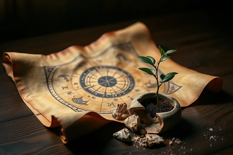 Fotografía cinematográfica de un pergamino antiguo desenrollado sobre un escritorio de madera oscura, con una planta brotando de una maceta rota, simbolizando nuevos comienzos y resiliencia.