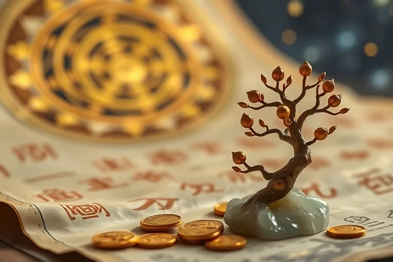 Fotografía macro de un pergamino con símbolos de abundancia y crecimiento junto a una escultura de jade de un árbol brotando y monedas doradas.