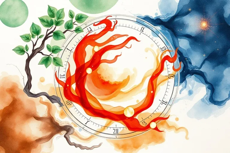 Pintura acuarela abstracta que representa la interconexión de los cinco elementos chinos: Madera, Fuego, Tierra, Metal y Agua.