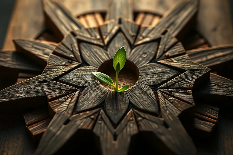 Bodegón cinematográfico de bloques de madera antiguos formando un patrón geométrico, con un brote verde emergiendo, simbolizando crecimiento e innovación.