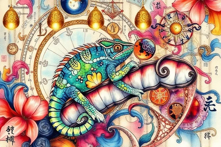 Pintura de acuarela de un camaleón camuflado en un tapiz de cartas astrológicas y caligrafía china, reflejando adaptación y estrategia.