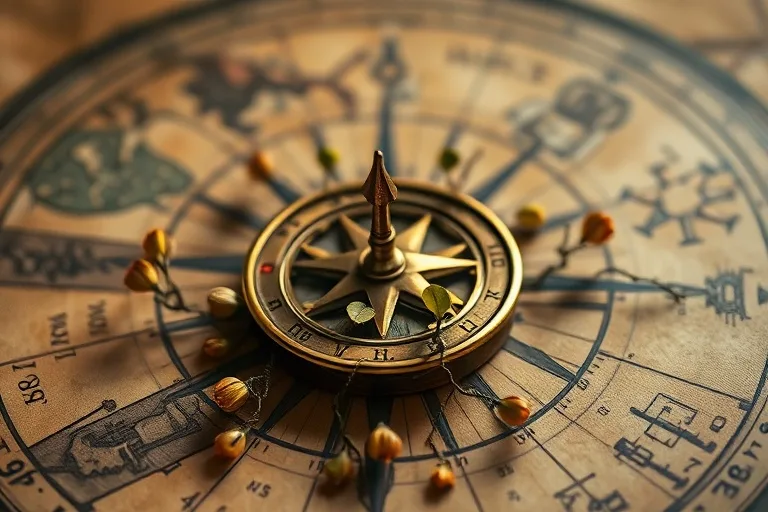 Fotografía macro de un compás antiguo sobre un mapa estelar, con brotes dorados y enredaderas, simbolizando oportunidades y desafíos.