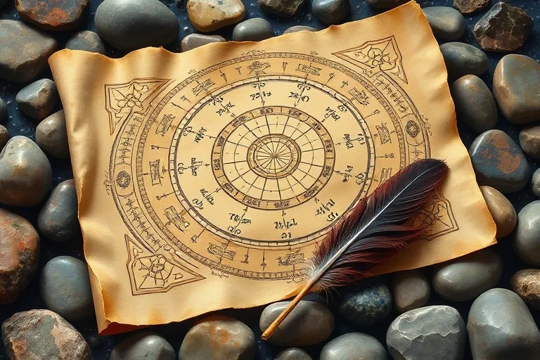 Pintura al óleo de un pergamino antiguo con una carta astrológica y una pluma, rodeado de piedras de río, simbolizando guía personalizada y destino.