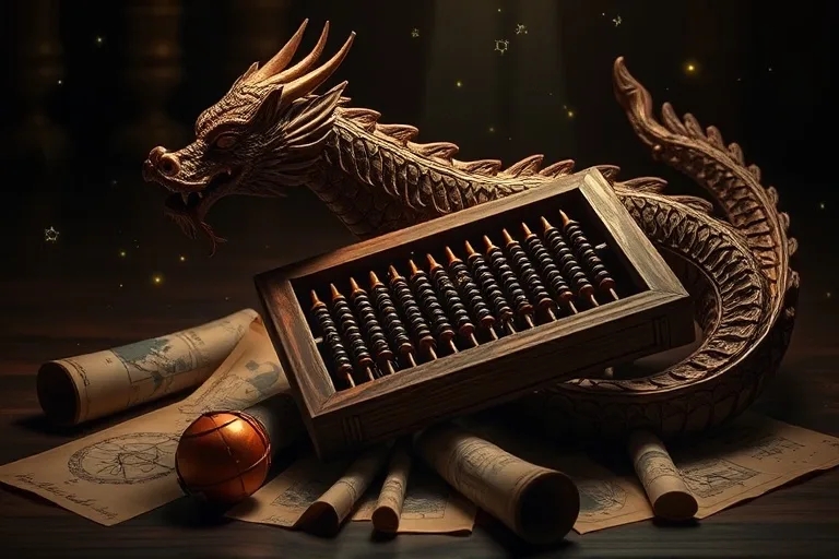 Abacus de madera y pergaminos antiguos con gráficos bursátiles modernos, con figura de dragón.