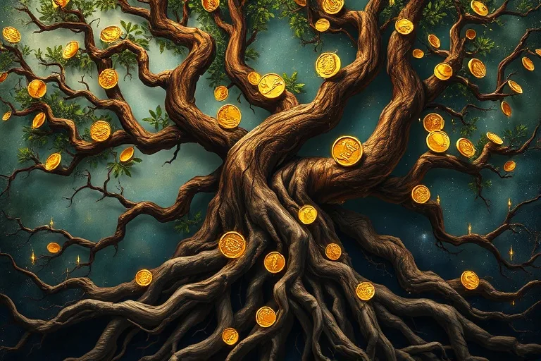 Pintura al óleo conceptual de raíces y ramas entrelazadas con hojas en forma de moneda, simbolizando conexiones económicas.