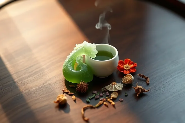 Fotografía de bodegón de jade, hierbas medicinales y una taza de té verde, sobre una superficie de madera pulida.