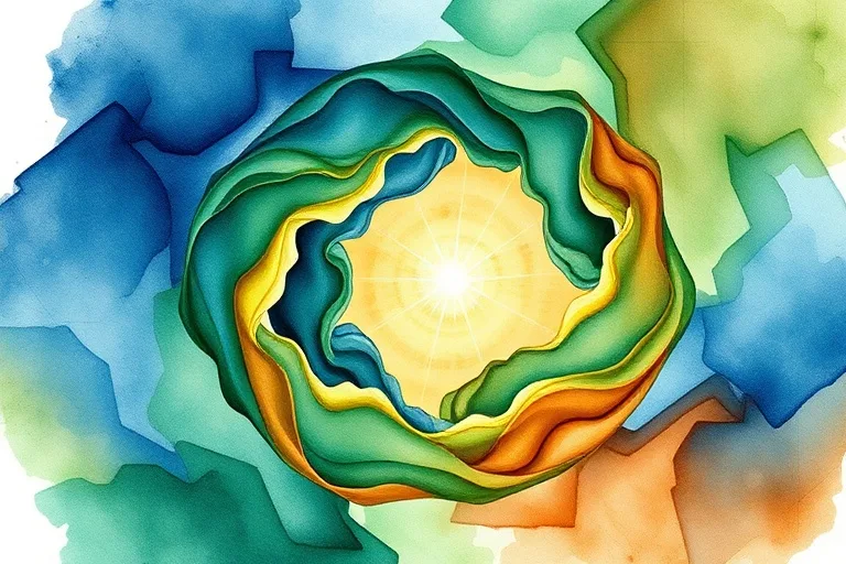 Pintura abstracta en acuarela con patrones de azules, verdes y marrones, con una luz dorada central, representando equilibrio y crecimiento.