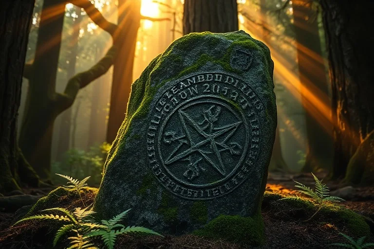 Antigua tableta Ogham de piedra, musgosa, en un bosque místico con luz solar filtrada.