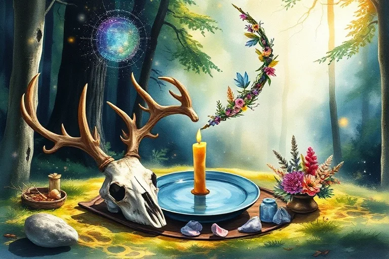 Altar ceremonial en un claro del bosque, con calavera de ciervo, cuenco de agua, vela y corona de flores, en acuarela.