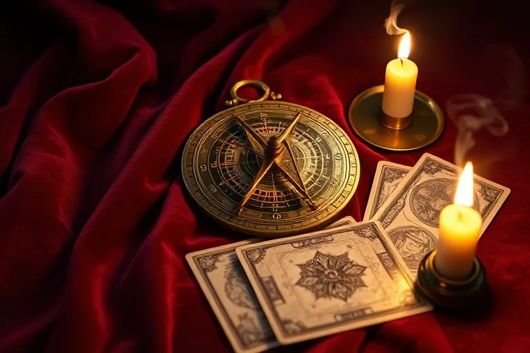 Fotografía cinematográfica de un astrolabio antiguo sobre terciopelo con cartas de tarot y vela