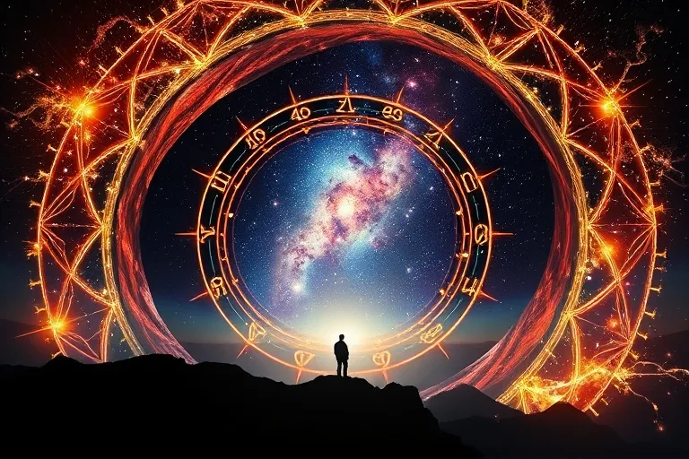 Ilustración digital 3D de un portal cósmico con geometría y galaxias distantes