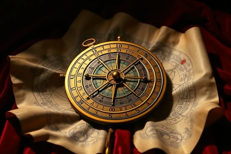 Fotografía still-life de un astrolabio antiguo sobre terciopelo, rodeado de pergaminos con símbolos astrales, bajo una luz dramática que evoca el conocimiento ancestral.