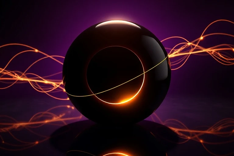 Render 3D de una esfera de obsidiana que refleja un eclipse parcial, rodeada de líneas energéticas abstractas en tonos púrpura y dorado, sobre una superficie oscura y brillante.
