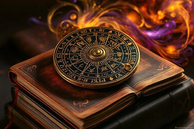 Astrolabio antiguo sobre libros de astrología, con un brillo etéreo, representando la sabiduría ancestral y el impacto de los eventos cósmicos.