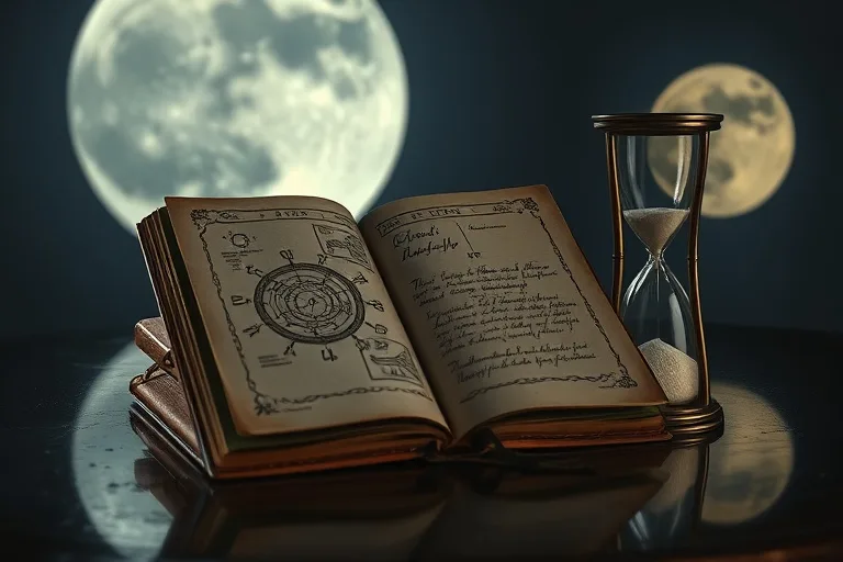 Bodegón de un diario abierto con notas astrológicas y un reloj de arena, iluminado por la luna, simbolizando la introspección y el paso del tiempo durante los eclipses.