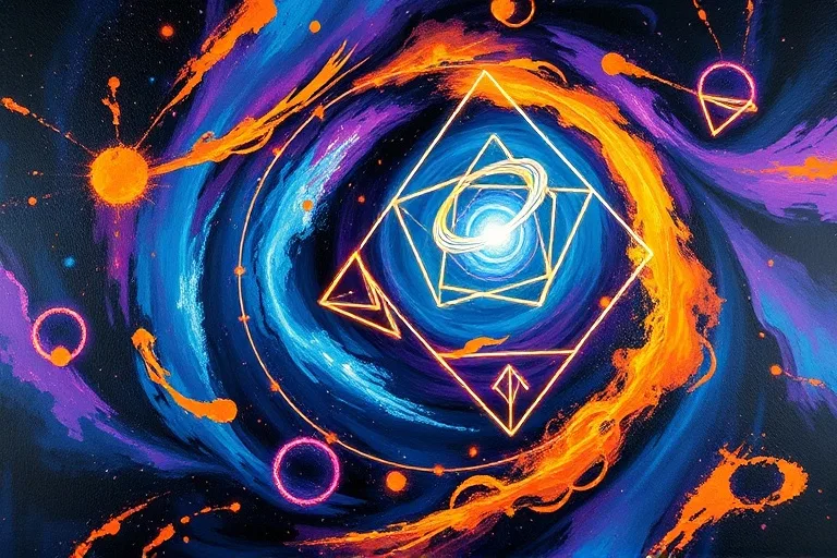 Pintura al óleo abstracta de un vórtice cósmico vibrante con patrones geométricos interconectados y un hilo de luz, simbolizando el destino y los cambios energéticos.