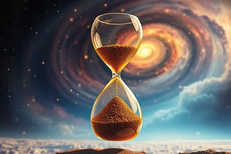Arte digital 3D conceptual de un reloj de arena roto con arena fluyendo hacia arriba, reformándose en una semilla brillante y vibrante, sobre un fondo de nebulosa cósmica.