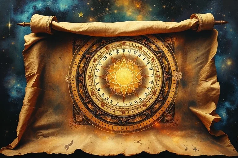 Pintura al óleo de un pergamino antiguo y desgastado que se despliega para revelar intrincados símbolos astrológicos y constelaciones que brillan, parcialmente cubiertos por un velo que se levanta suavemente.