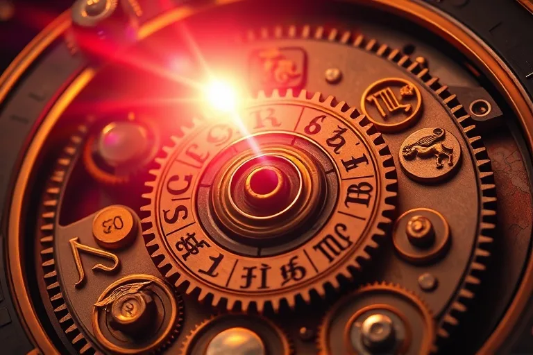 Un intrincado mecanismo de relojería con engranajes simbolizando los signos zodiacales, iluminado por un haz de luz cósmica parcialmente oscurecido, representando el destino y la precisión astrológica.