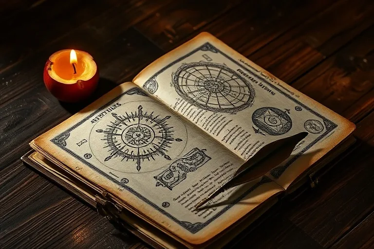 Un diario antiguo abierto en una mesa de madera con notas astrológicas, una vela parpadeante, una manzana mordida y una pluma, evocando introspección y el registro de viajes personales.