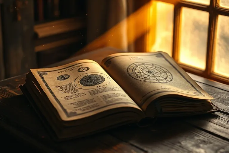 Fotografía vintage de un diario antiguo con símbolos esotéricos, abierto sobre un escritorio de madera, iluminado por un rayo de luz polvorienta.