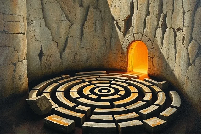 Pintura al óleo de un laberinto de piedra antiguo con un camino bloqueado y otro iluminado, simbolizando desafíos y el camino a seguir.