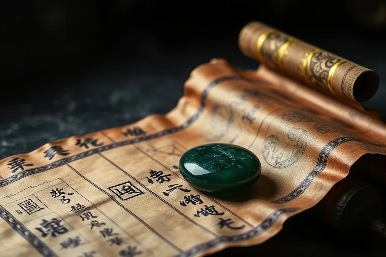 Fotografía dramática de un pergamino antiguo con símbolos chinos y una piedra de jade