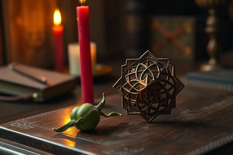 Bodegón conceptual con un brote verde de madera y una vela roja encendida sobre un escritorio antiguo.