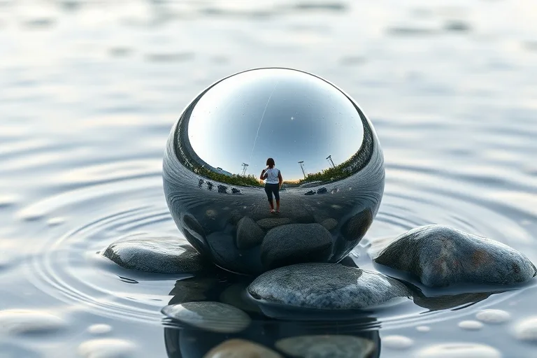 Esfera metálica pulida sobre piedras de río, parcialmente sumergida en agua clara, simbolizando Metal y Agua.
