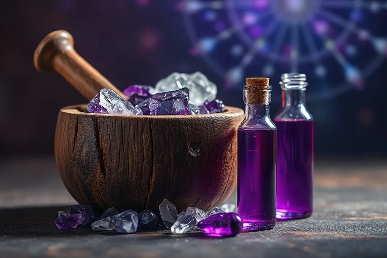 Mortero de madera y cristales de amatista y cuarzo, con un vial de líquido morado, en fotografía macro de naturaleza muerta cinematográfica.