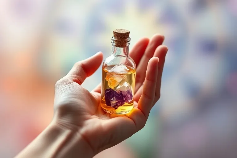 Mano sosteniendo delicadamente una botella de elixir de cristal, con luz de chakra de fondo, en pintura de acuarela.