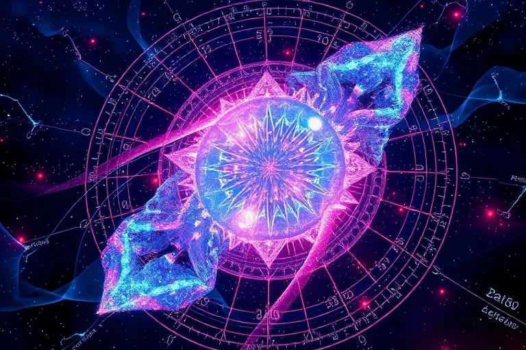 Renderizado 3D de patrones energéticos y cristalinos en colores vibrantes, simbolizando la transferencia de energía y la sanación emocional, sin figuras humanas.