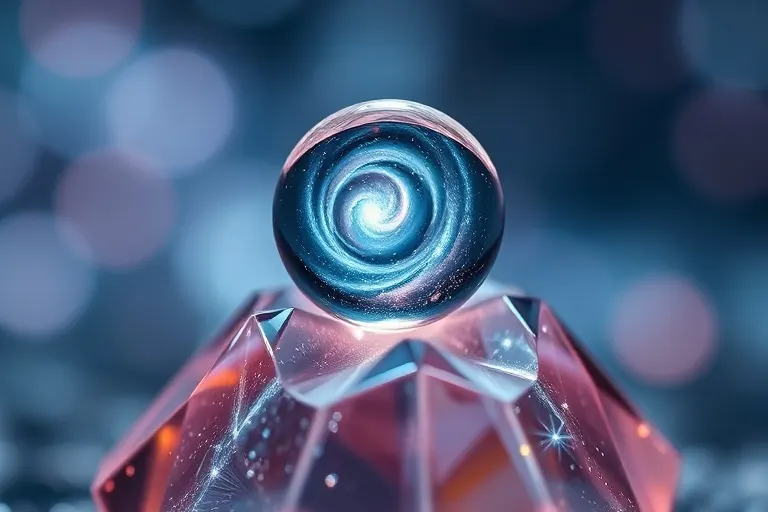 Fotografía macro de una gota de agua sobre una estructura cristalina, reflejando luz, con un fondo difuminado, enfatizando la memoria del agua y las vibraciones.