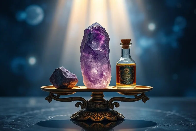 Balanza antigua con cristal y botella de elixir