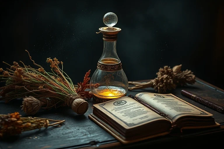 Bodegón cinemático de herramientas alquímicas antiguas, incluyendo una retorta de vidrio con líquido brillante, hierbas secas y un grimorio sobre una mesa de madera oscura.