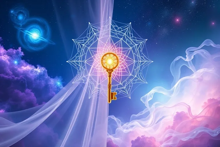 Arte conceptual de un velo translúcido que separa un reino de nebulosas y órbitas planetarias de otro con formas abstractas y fluidas, con una llave brillante flotando entre ellos.