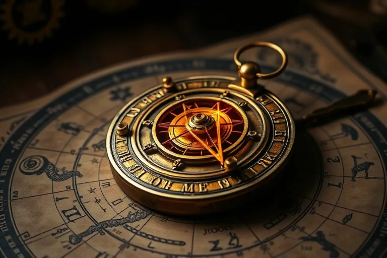 Antiguo astrolabio detallado sobre un mapa zodiacal, con una línea brillante indicando una casa astrológica.