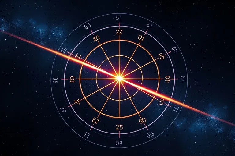 Rayos de luz cruzados que simbolizan aspectos planetarios sobre un diagrama abstracto de carta natal.