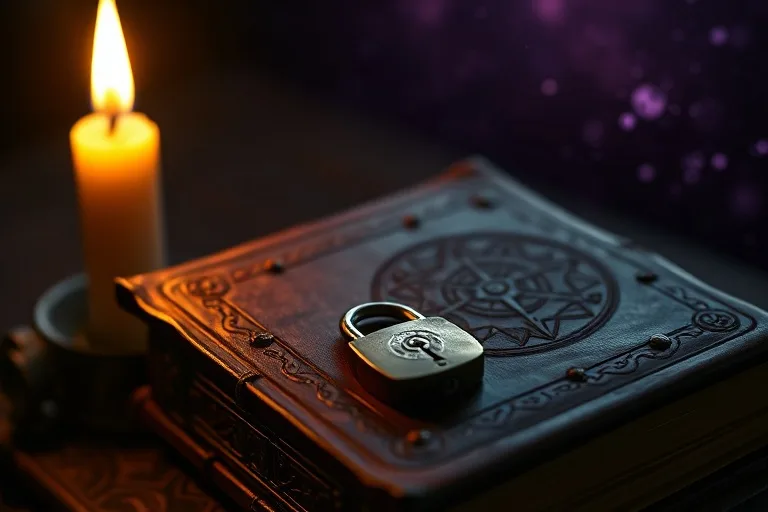 Diario antiguo con un candado y una vela, simbolizando secretos y profundidad