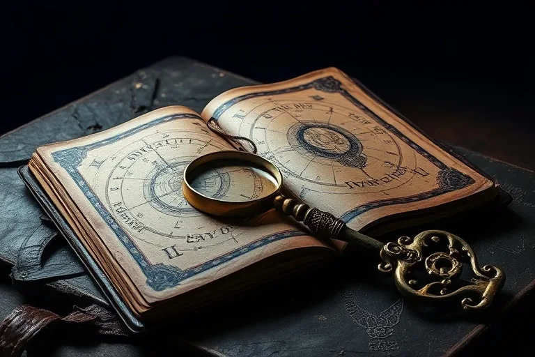 Fotografía de naturaleza muerta con un diario antiguo, lupa, mapa críptico y una llave.