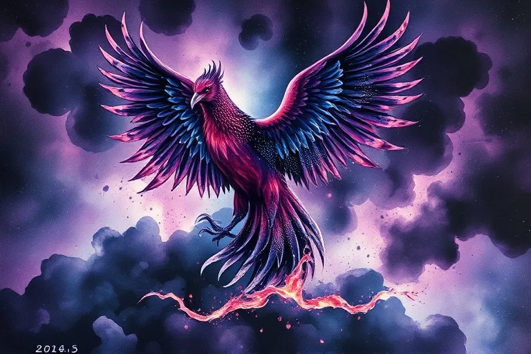 Pintura en acuarela de un fénix emergiendo de cenizas en tonos morados y negros.
