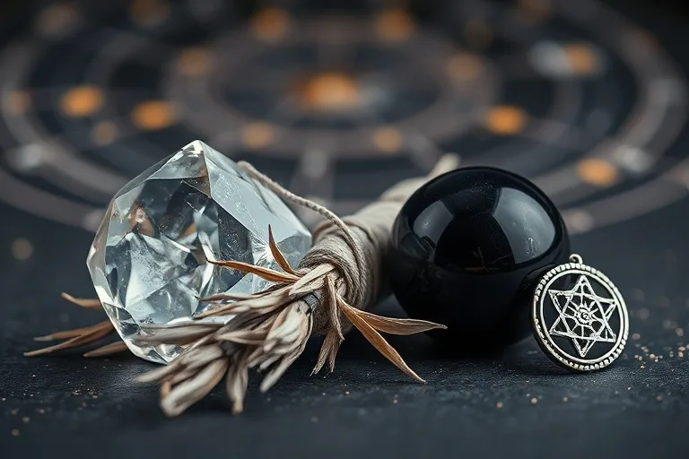 Bodegón macro de un cristal de cuarzo, un atado de salvia seca, una esfera de obsidiana y un amuleto de plata con un símbolo protector.