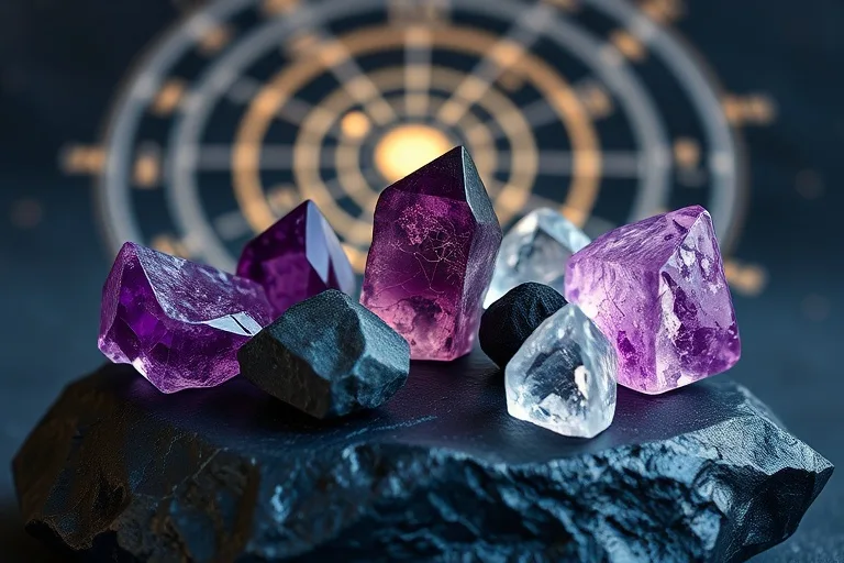 Fotografía macro de cristales protectores como turmalina negra, amatista y selenita sobre una piedra de obsidiana.