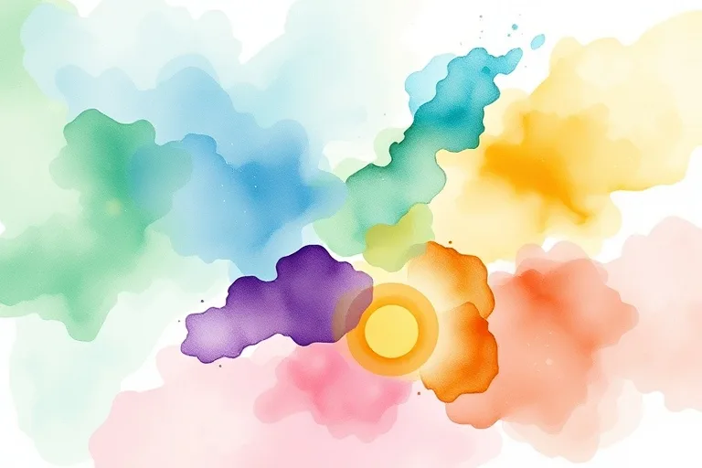 Pintura abstracta en acuarela que representa el flujo energético anual con transiciones de color entre las estaciones.